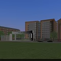 Modern School Campus Buildings With Main Gate Green Lawn Trees And Clear Blue Sky