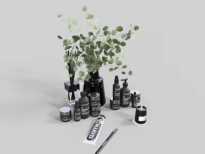 Elegant Modern Bathroom Accessories With Hand Soap Dispensers Candle Holders And Decorative Plants 3d model