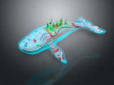 Transparent Whale Model With Colorful Internal Elements And Green Plants On Back 3d model