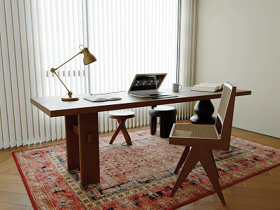Wooden Desk With Brass Lamp Laptop Wicker Chair And Patterned Rug Near Window Blinds 3d model