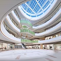 Bright Shopping Mall Atrium With Multi Level Floors Escalators Green Plants And Shoppers