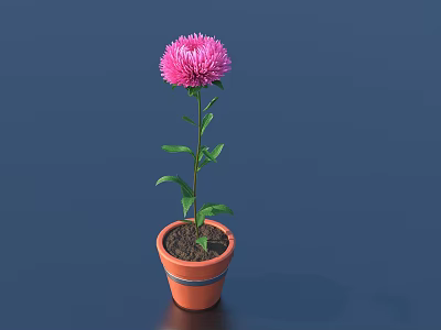 Pink Flowering Potted Plant in Orange Striped Pot with Green Leaves 3d model