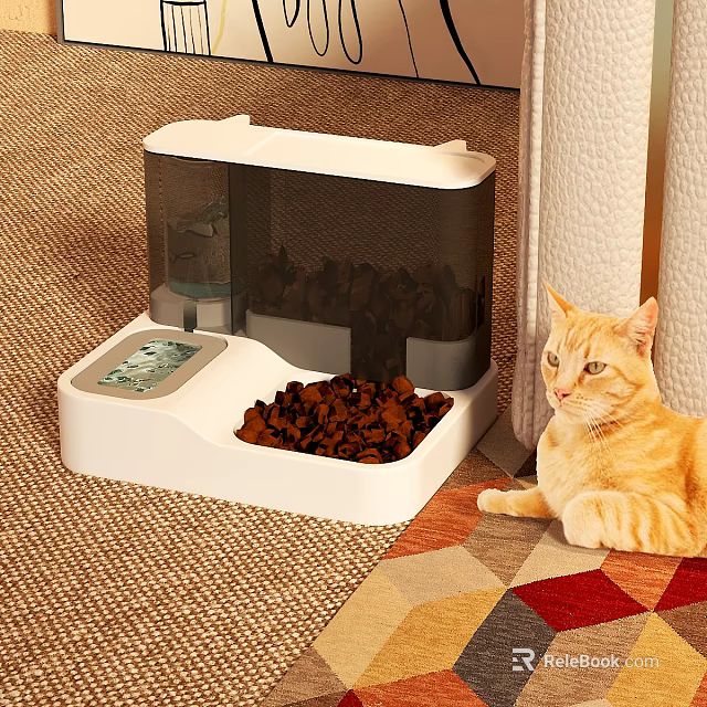Automatic Pet Feeder With Cat Food Bowl And Orange Cat At Home 3d model 
