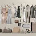 Stylish Clothes Hanging With Dresses Shirts And Pants Bags Shoes And Suitcase For Wardrobe