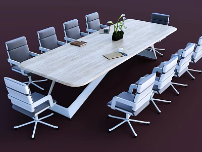 Modern Conference Table With Light Wooden Top And Grey Office Chairs With Green Plant 3d model