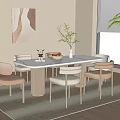 Modern Dining Table Set with Upholstered Chairs Marble Top Decorative Painting and Green Plant