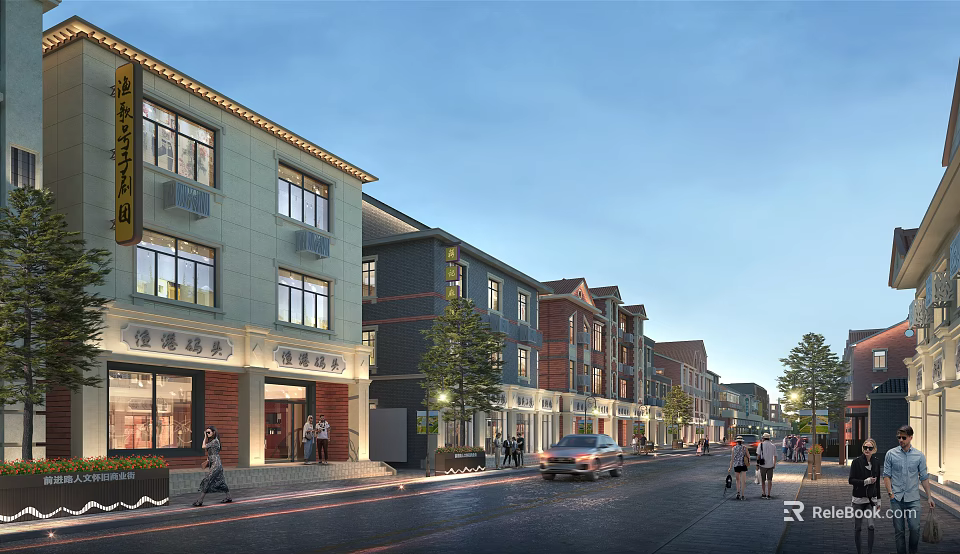 Vibrant Commercial Street Featuring Mixed Style Buildings Pedestrians Shops And Vehicles 3d model 