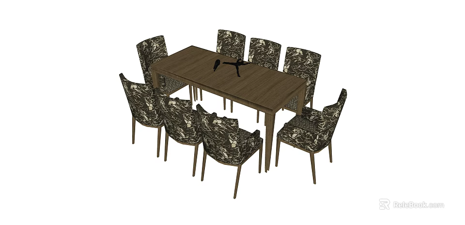 Modern Wooden Dining Table Set With Eight Patterned Fabric Chairs 3d model
