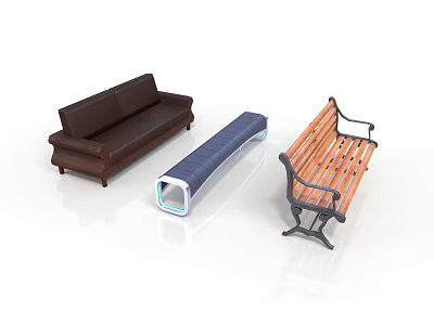 Brown Leather Sofa Blue Ottoman And Wooden Bench With Metal Frame 3d model