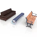 Brown Leather Sofa Blue Ottoman And Wooden Bench With Metal Frame