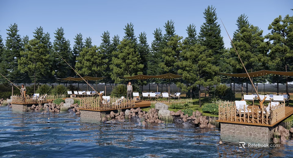Scenic Waterfront Leisure Area With Wooden Decks Pine Trees And Fishing Spots 3d model 