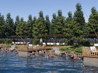 Scenic Waterfront Leisure Area With Wooden Decks Pine Trees And Fishing Spots 3d model