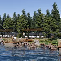 Scenic Waterfront Leisure Area With Wooden Decks Pine Trees And Fishing Spots