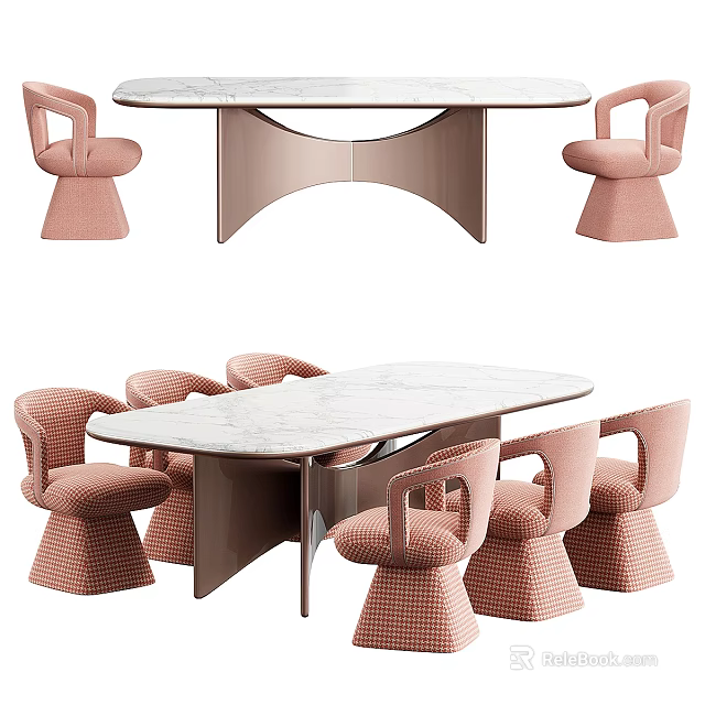 Elegant Modern Dining Table Set With Marble Top And Six Pink Upholstered Chairs 3d model