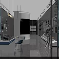 Modern Service Gallery With Curved White Walls Transparent Glass Partitions Hanging Geometric Decor Dark Flooring