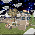 Enchanting Outdoor Restaurant With Cloud Shaped Lights Starry Sky Background Giraffe Decorations And Illuminated Trees