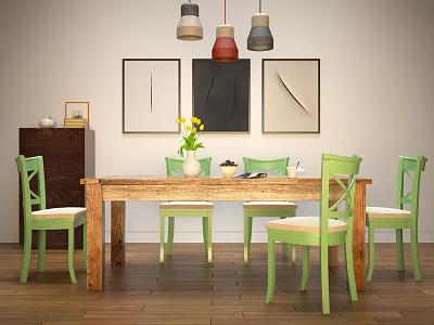 Wooden Dining Table With Green Chairs Wall Paintings Hanging Lamps And Wooden Floor 3d model