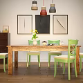 Wooden Dining Table With Green Chairs Wall Paintings Hanging Lamps And Wooden Floor