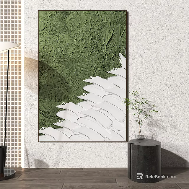 Abstract Green And White Textured Wall Art With Small Plant On Side Table 3d model 