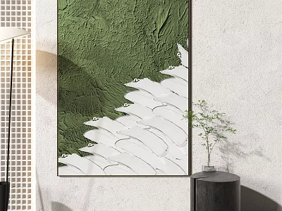 Abstract Green And White Textured Wall Art With Small Plant On Side Table 3d model