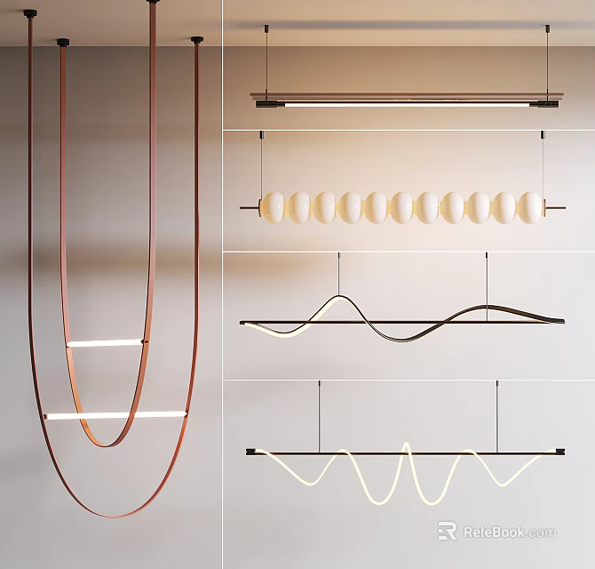 Stylish Modern Chandeliers With Various Curved Wavy Designs Metal Frames And Soft Lighting 3d model 