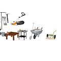 Industrial Equipment Collection With Various Tools Wheelbarrow Shovel Rake And Tool Rack