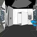 Modern Exhibition Hall With Geometric White Structures Blue Accents Display Screens And Booths
