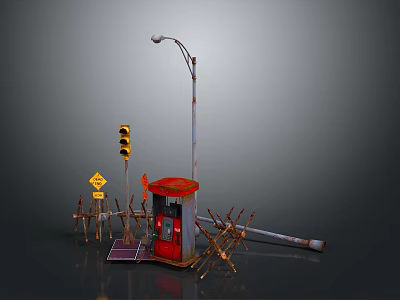 Street Scene Components Featuring Street Lamp Traffic Light Warning Sign Red Booth And Fences 3d model