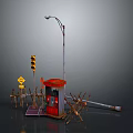 Street Scene Components Featuring Street Lamp Traffic Light Warning Sign Red Booth And Fences