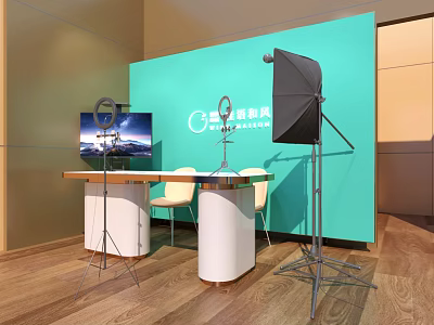 Smart Office Desk With Teal Backdrop Monitor Microphone Ring Light And Chairs 3d model