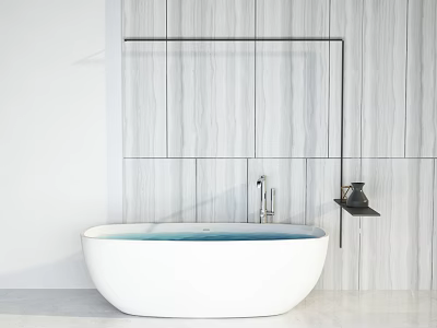 Freestanding White Bathtub With Light Blue Water Black Metal Faucet And Gray Wood Grain Wall 3d model