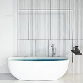 Freestanding White Bathtub With Light Blue Water Black Metal Faucet And Gray Wood Grain Wall