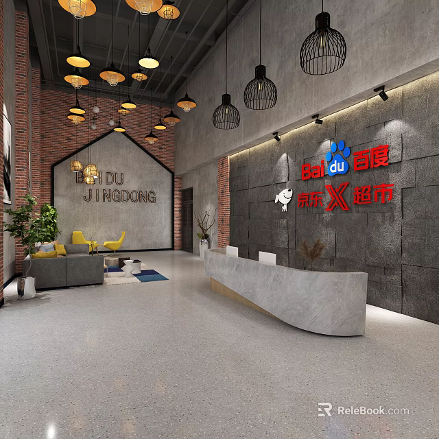Modern Industrial Style Front Desk Reception With Gray Stone Counter Pendant Lights And Brick Wall 3d model 