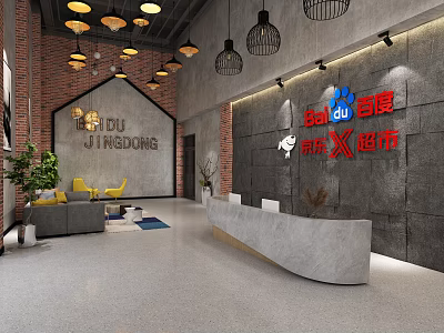 Modern Industrial Style Front Desk Reception With Gray Stone Counter Pendant Lights And Brick Wall 3d model