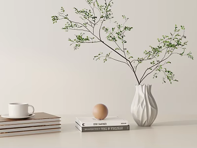 Decorative Ornament Set With White Vase Green Leaf Branches Books Brown Egg And White Cup 3d model