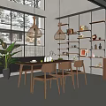 Modern Restaurant Interior With Large Windows Wicker Pendant Lights Wooden Table Chairs Green Plant Shelves
