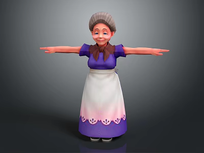 Friendly Cartoon Elderly Woman In Purple Top White Apron Arms Outstretched 3d model