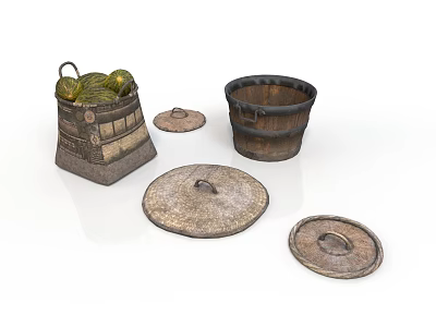 Vintage Wooden Storage Buckets With Lids And Fresh Melons Inside 3d model