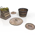 Vintage Wooden Storage Buckets With Lids And Fresh Melons Inside