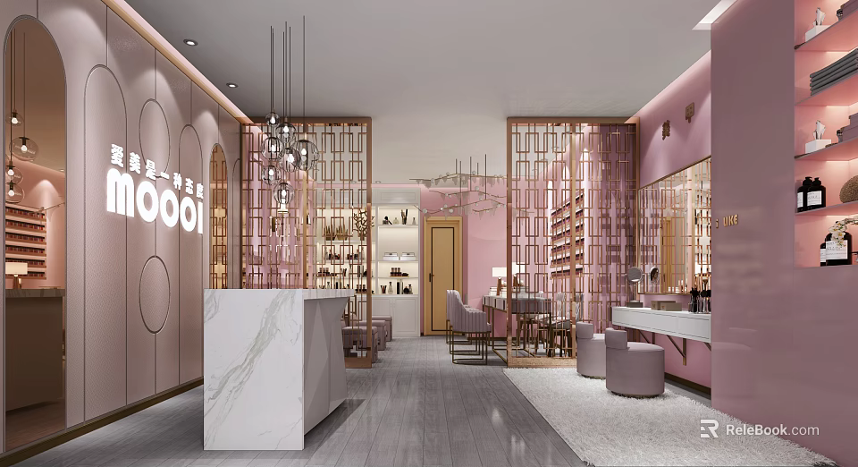 Elegant Beauty Hair Salon Interior With Pink Walls Marble Desk Chandeliers Mirrors And Product Shelves 3d model 