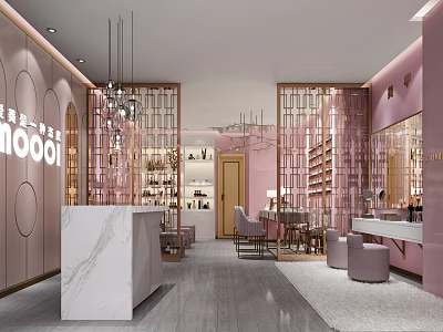 Elegant Beauty Hair Salon Interior With Pink Walls Marble Desk Chandeliers Mirrors And Product Shelves 3d model