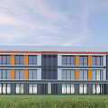 Modern School Building Featuring White Roof Orange Walls Black Lines Large Glass Windows And Lawn