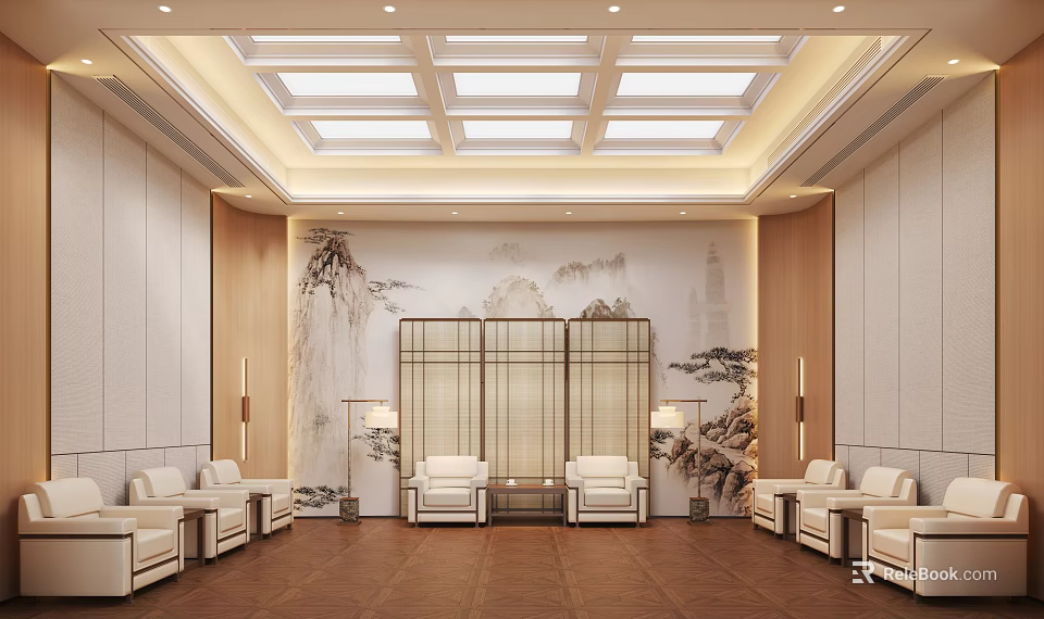 New Chinese Style Reception Room With Elegant Landscape Mural Warm Lighting And Comfortable Seats 3d model 