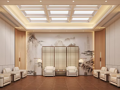 New Chinese Style Reception Room With Elegant Landscape Mural Warm Lighting And Comfortable Seats 3d model
