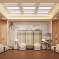 New Chinese Style Reception Room With Elegant Landscape Mural Warm Lighting And Comfortable Seats