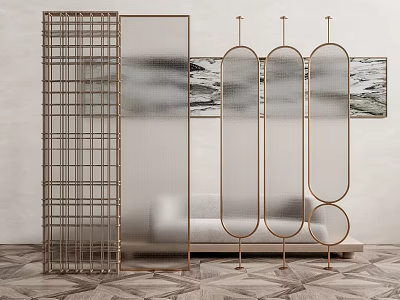 Modern Interior With Stylish Metal Frame Glass Room Dividers And Geometric Design Screens 3d model