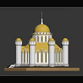 Cartoon Castle Scene With Yellow Dome White Towers Small Domes Arched Windows On Hexagonal Base