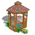 Octagonal Wooden Gazebo With Hanging Flower Pots Wooden Railing And Garden Plants