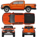 Orange Ford Ranger Pickup Truck With Off Road Tires Front Face And Rear Bed Design