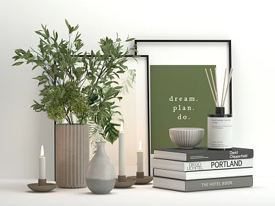 Minimalist Decorative Ornaments Set With Green Plants Vases Candles Stacked Books And Aromatherapy Diffuser 3d model